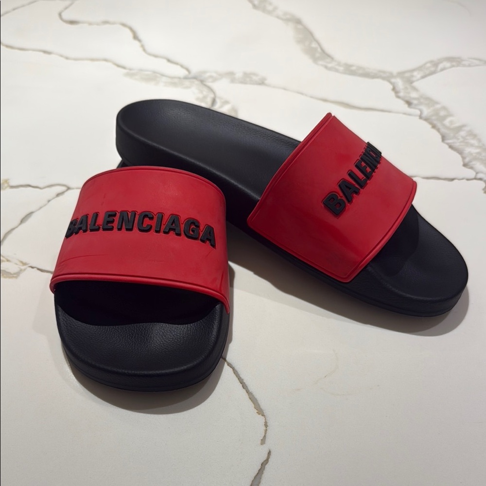 BALENCIAGA Red and Black Logo Slides